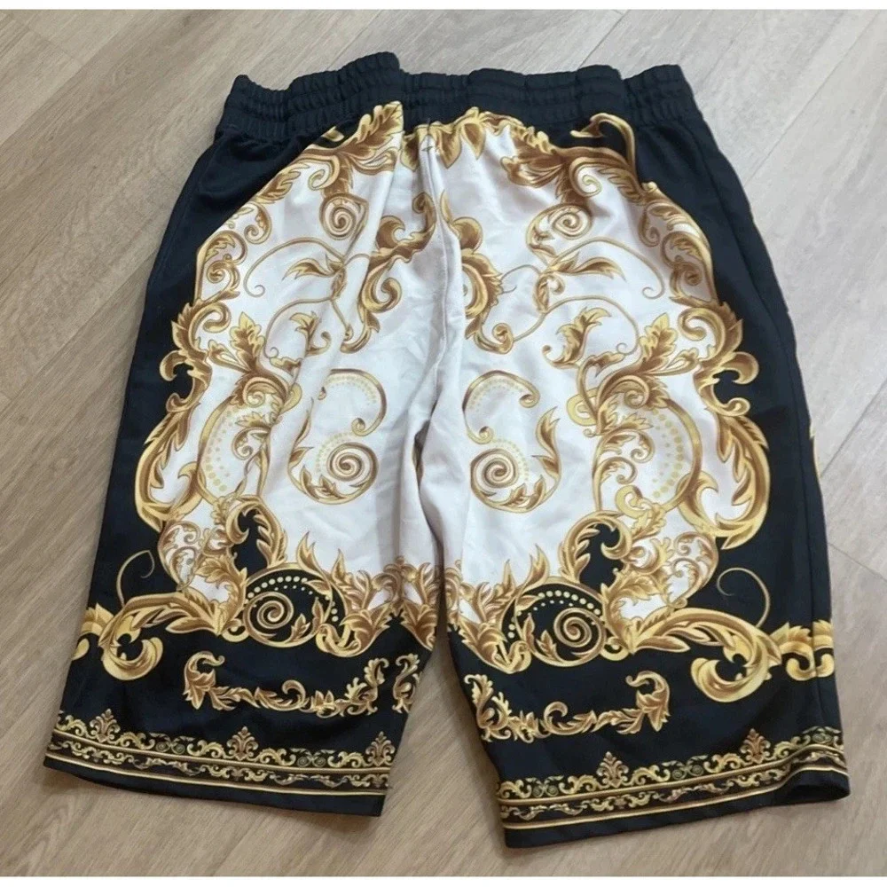 Baroque Print Shorts Men's XL Black Gold White Scroll Waistband Drawstring